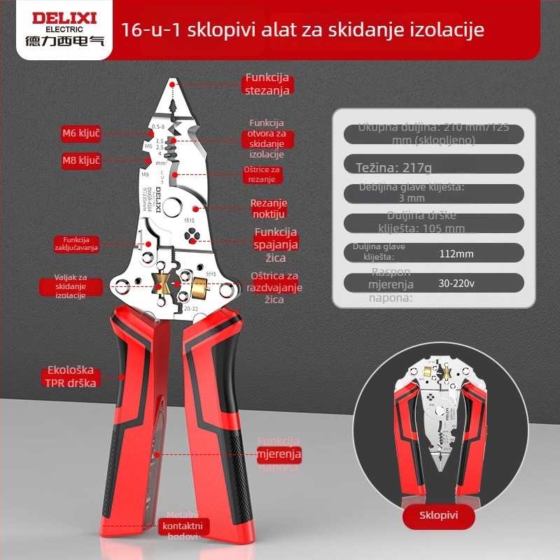 Delixi sklopni alat za skidanje izolacije kablova, rezanje, navijanje i krimpanje – za kućnu upotrebu, višenamjenski alat za elektrikare