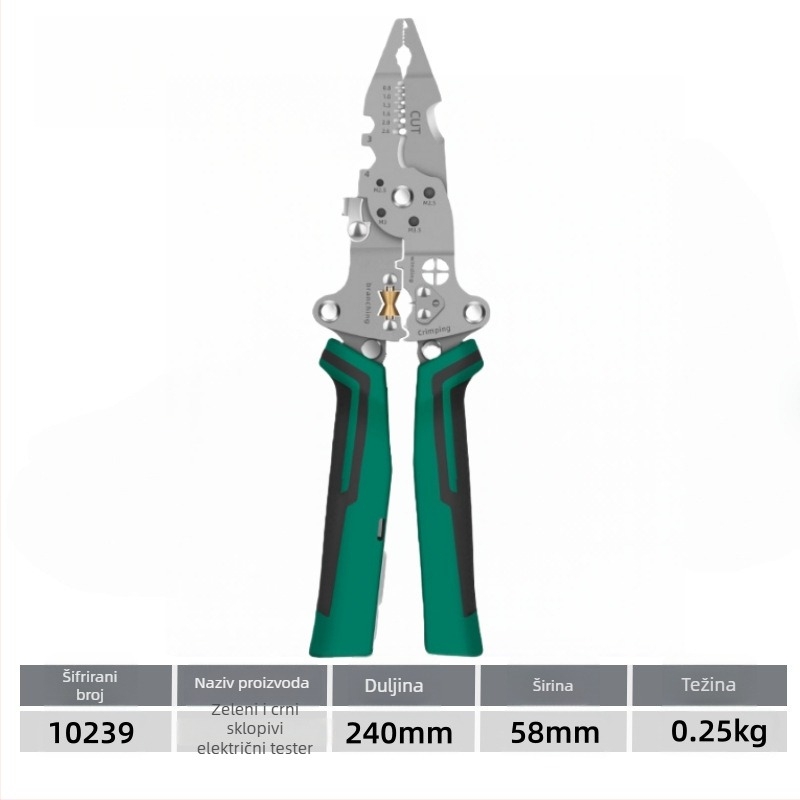 Span Tools Višenamjenski električarski testni alat s klještima za krimpiranje i uklanjanje izolacije, sklopivi kabelski razdjelnik, duljina 240 mm, promjer skidanja izolacije 0,8–2,6 mm, težina 250 g