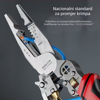 Električarski višefunkcionalni kliješta s oštrim vrhom za rezanje žica, stezanje vodiča, uklanjanje izolacije i uvijanje žica