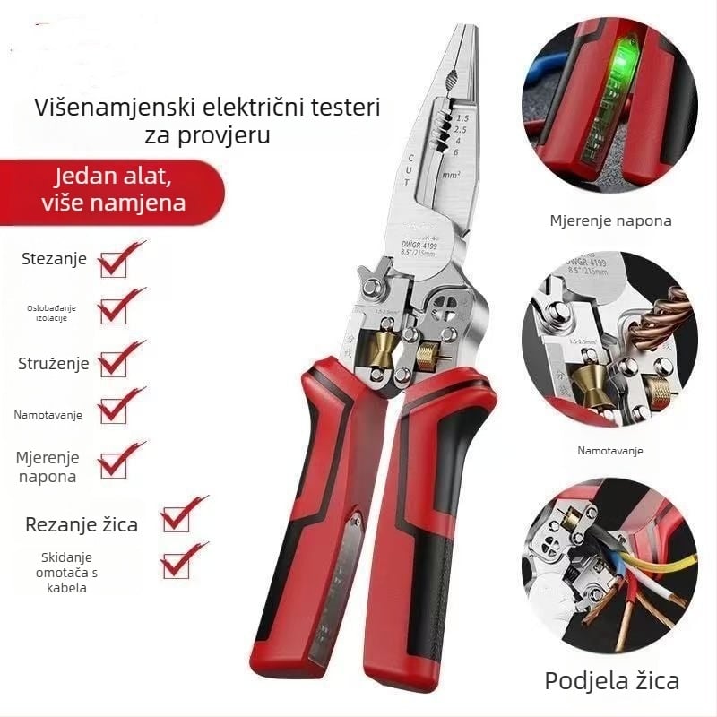 Električarski višefunkcionalni kliješta s oštrim vrhom za rezanje žica, stezanje vodiča, uklanjanje izolacije i uvijanje žica