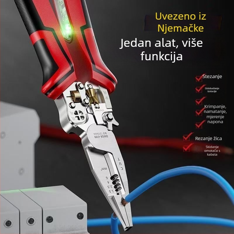 Električarski višefunkcionalni kliješta s oštrim vrhom za rezanje žica, stezanje vodiča, uklanjanje izolacije i uvijanje žica