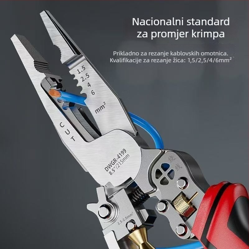 Električarski višefunkcionalni kliješta s oštrim vrhom za rezanje žica, stezanje vodiča, uklanjanje izolacije i uvijanje žica