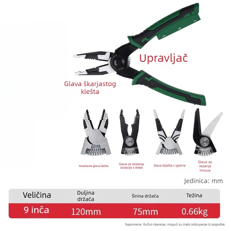 6-u-1 kliješta s izmjenjivim glavama za elektrikare — višeglave kliješte, odstranjivač izolacije, škare za lim