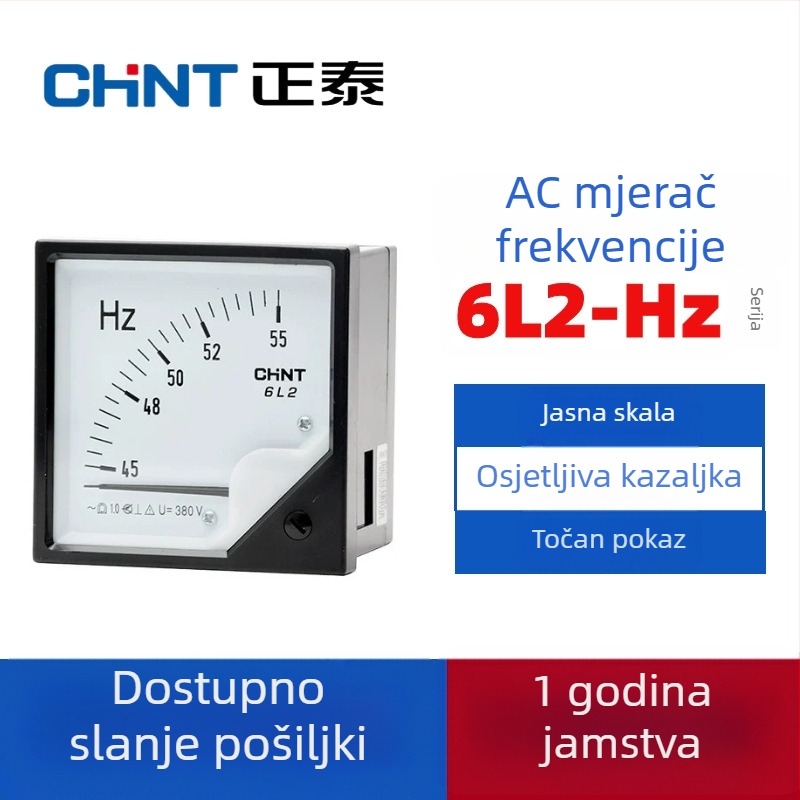 Chint frekvencijski mjerač s kazaljkom, panelno montiran, model 6L2-HZ, 55–65 Hz, 220/380 V, mehanički električni mjerač