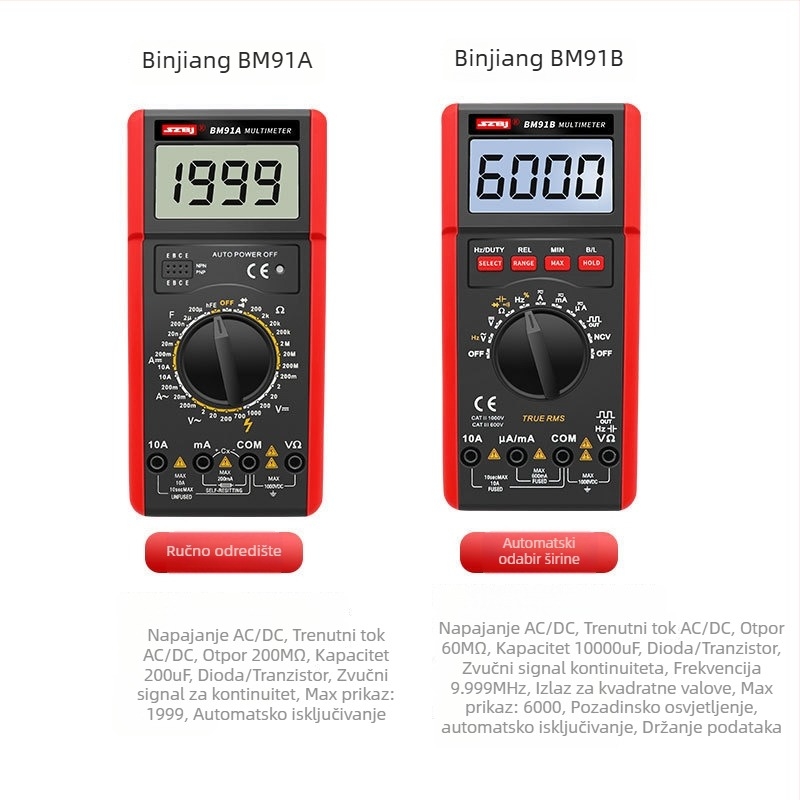 BM91B Digitalni multimetar s automatskim rasponom, mjeri temperaturu i frekvenciju, zaslon s pozadinskim osvjetljenjem