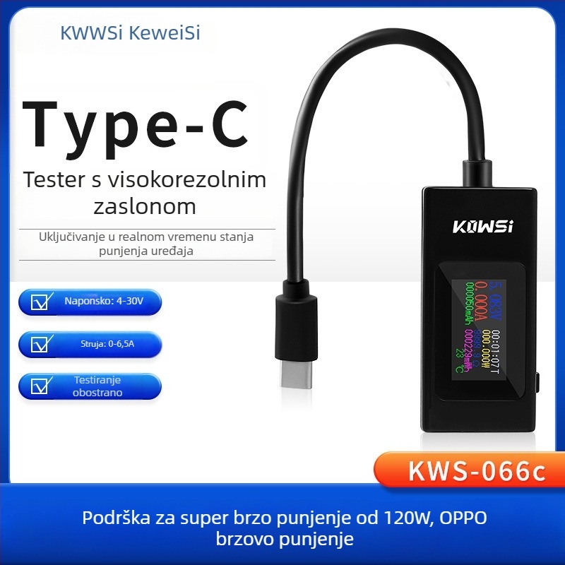 USB uređaj za ispitivanje struje, napona, kapacitita i snage, monitor KWS-066C, Cosway, ulazno napajanje 4-30 V, radna temperatura 60°C, težina 20