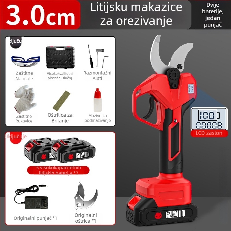 Električne škare za podrezivanje s bezčetkasti motorom, litijskom baterijom, visoka snaga, dug vijek baterije, podesive