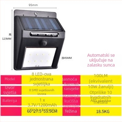 Solarna vanjska zidna svjetiljka za vrt s detekcijom pokreta, IPX4, 10W, 200 lm