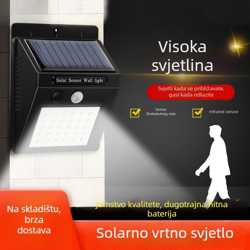 Solarna vanjska zidna svjetiljka za vrt s detekcijom pokreta, IPX4, 10W, 200 lm