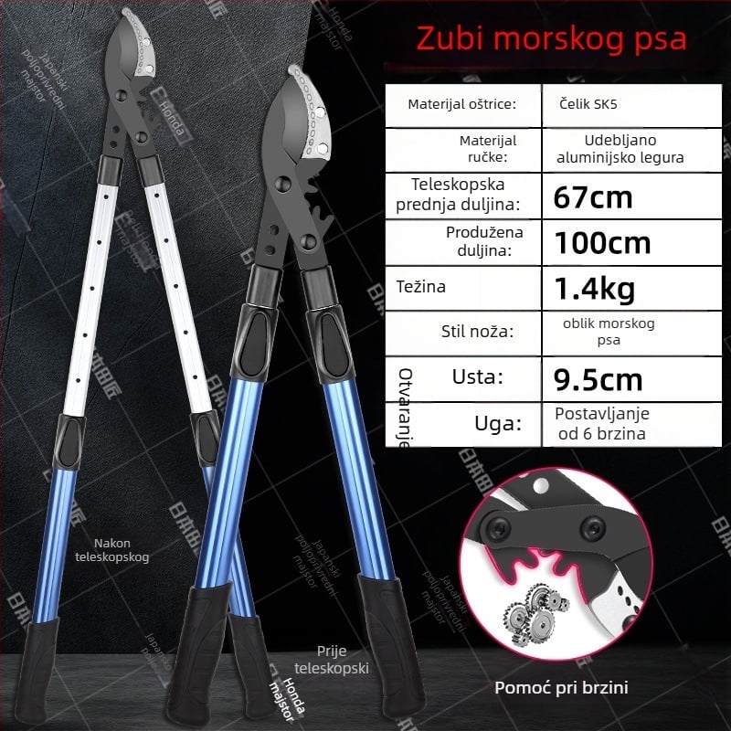 Teleskopski rezač grana s pogonom zupčanicima za visoke grane voćnih stabala