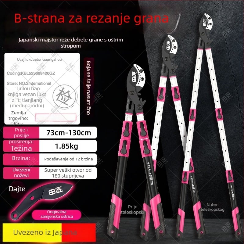 Teleskopski rezač grana s pogonom zupčanicima za visoke grane voćnih stabala