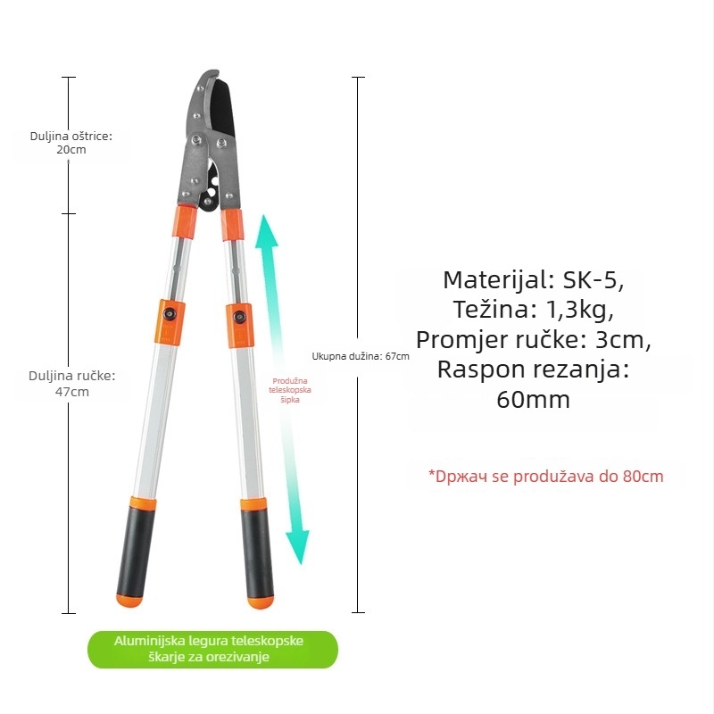 Teleskopske škare za grane s oštricama SK-5, aluminijska ručka, težina 1300 g
