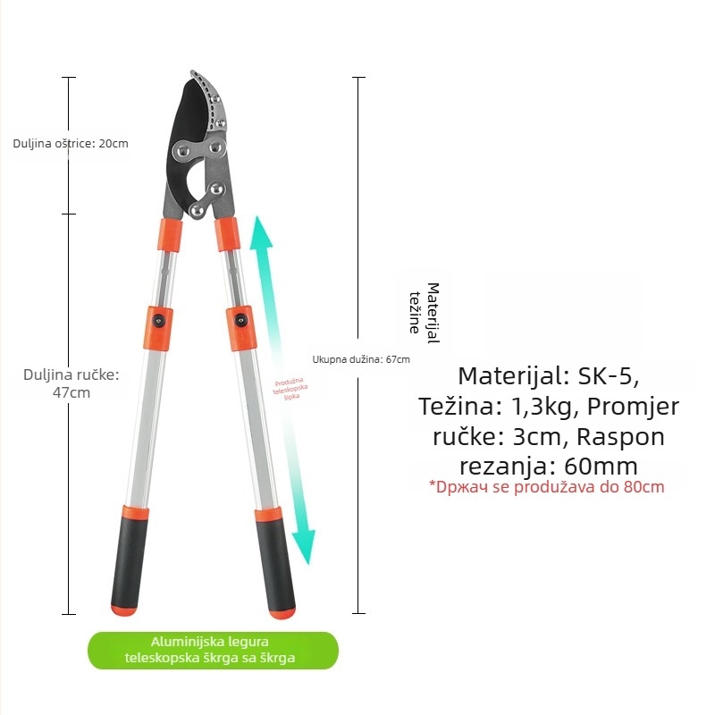 Teleskopske škare za grane s oštricama SK-5, aluminijska ručka, težina 1300 g