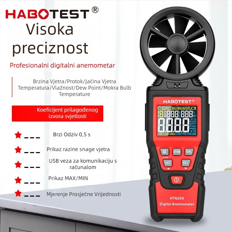 Ručni anemometar HABOTEST HT625A/B, digitalni tester protoka zraka, visoka preciznost mjerenja brzine vjetra, temperatura i vlage