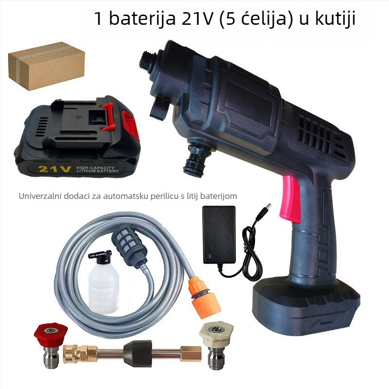 Pomoć za pranje automobila s pištolom visokog tlaka — glava pištolja od metalne legure (nerđajući čelik/bronz), držač od plastike, domet 5–8 m, tlak 30 bar, težina 2,2 kg