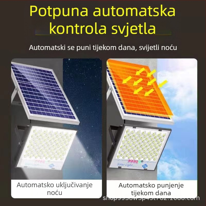 LED solarno flood svjetlo za vanjsku upotrebu, IP67 vodootporno, 100W, 3.2V, indukcijski prekidač, radno trajanje 12–16 sati
