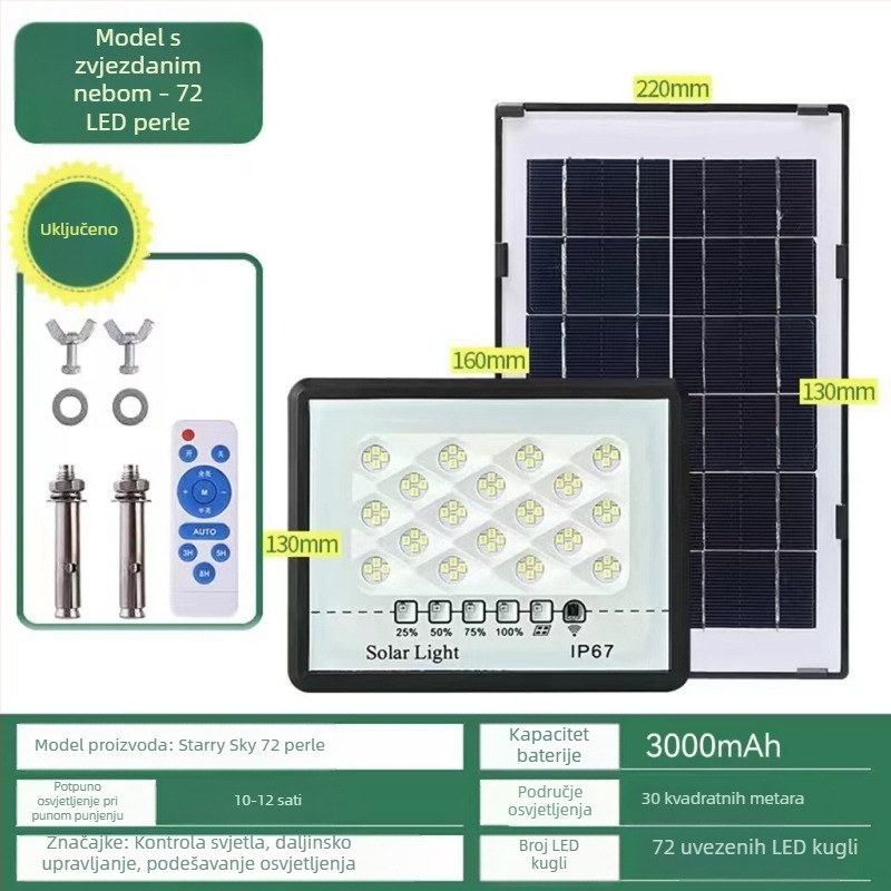LED solarno flood svjetlo za vanjsku upotrebu, IP67 vodootporno, 100W, 3.2V, indukcijski prekidač, radno trajanje 12–16 sati
