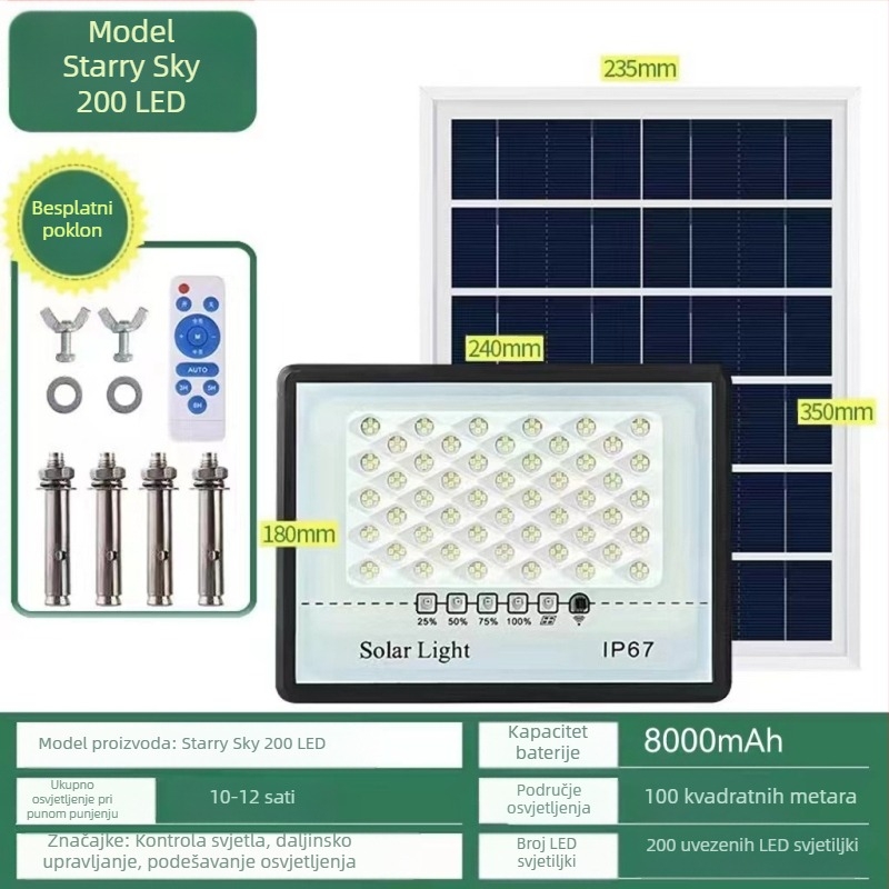 LED solarno flood svjetlo za vanjsku upotrebu, IP67 vodootporno, 100W, 3.2V, indukcijski prekidač, radno trajanje 12–16 sati