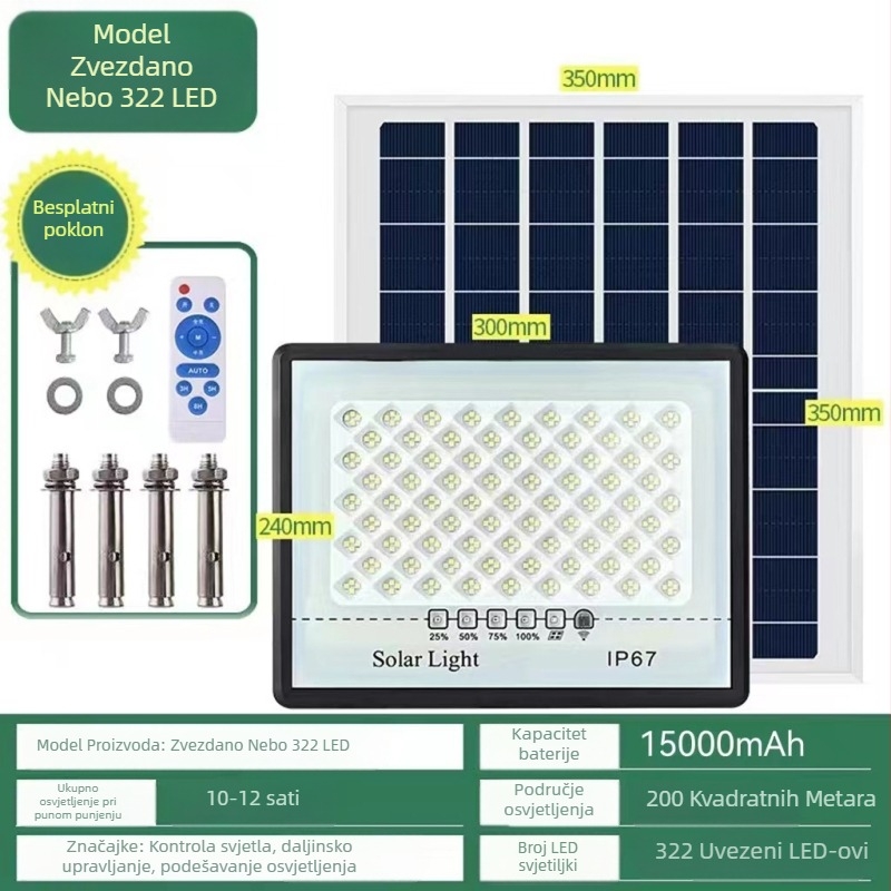 LED solarno flood svjetlo za vanjsku upotrebu, IP67 vodootporno, 100W, 3.2V, indukcijski prekidač, radno trajanje 12–16 sati