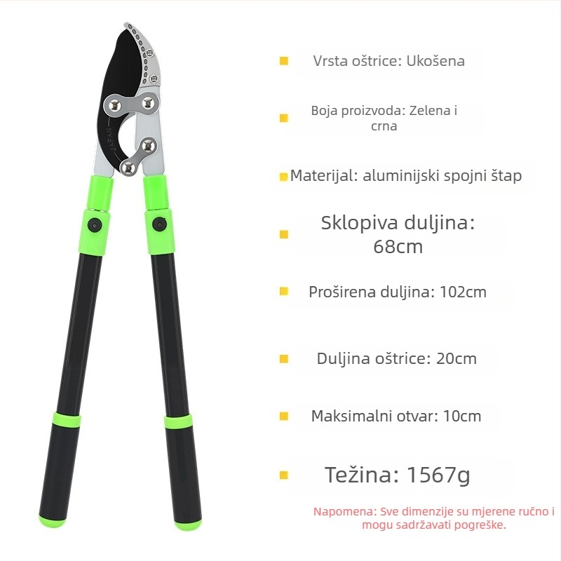 Teleskopske vrtne škare za visoke grane, oštrica od SK5 čelika, ručka od aluminijske legure