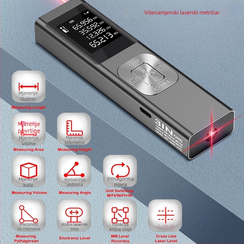 Laserski mjerač udaljenosti - tri u jednom, projekcija križne laserske linije, metalno kućište