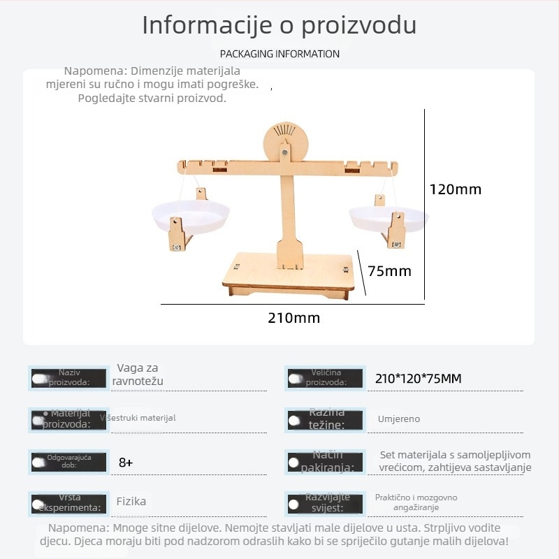 Drveni DIY komplet za balansnu vagu za fizičke eksperimente, višenamjenska STEM igračka za uzrast 7-14 godina