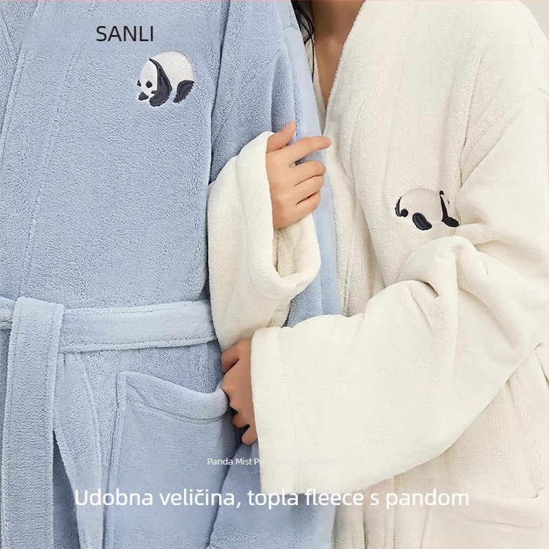 Unisex kupaonski ogrtač za parove s Panda izvezom, Coral fleece materijal