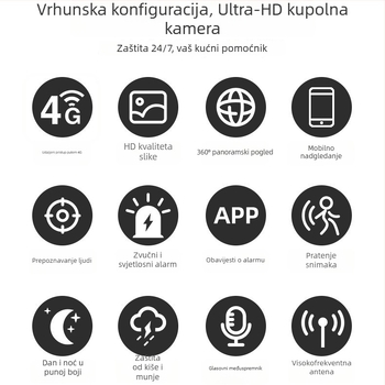 4G Bežična Nadzorna Kamera s Noćnim Vidom, HD, Vanjska Upotreba, Širokokutni Ugao, Napajanje 12V, Minimalno Osvjetljenje 0.01 lux, SNR >25 dB, Raspon Temperaturu -25°C do 60°C