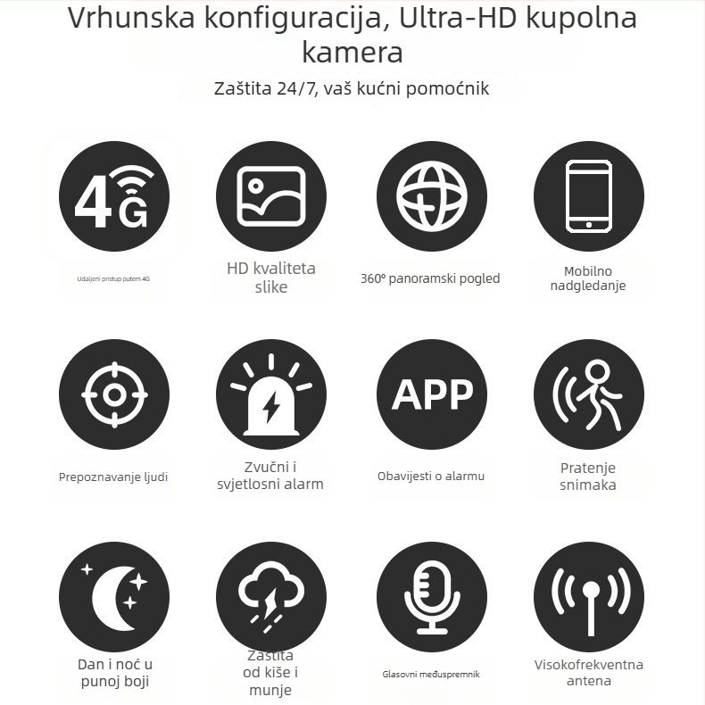 4G Bežična Nadzorna Kamera s Noćnim Vidom, HD, Vanjska Upotreba, Širokokutni Ugao, Napajanje 12V, Minimalno Osvjetljenje 0.01 lux, SNR >25 dB, Raspon Temperaturu -25°C do 60°C
