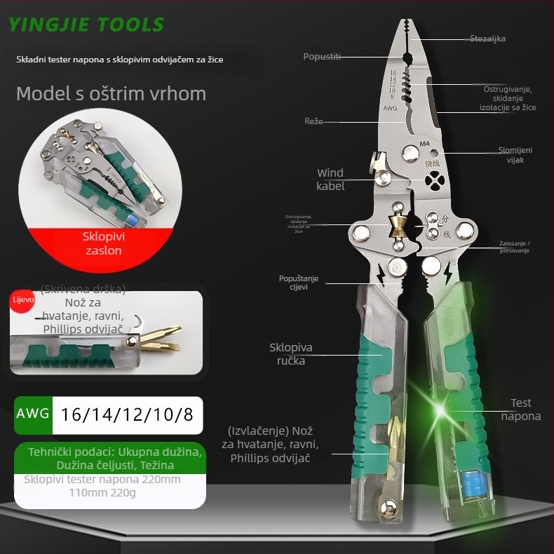 Hero preklopni električni odvijač i kliješta za skidanje izolacije žica, oštar vrh, 220 g, sklopni električni testni klešta