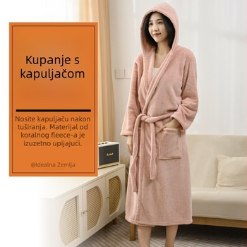 Prugasti kupaonski ogrtač s kapuljačom od koralnog velura, 85% poliestera, unisex, zima, za parove