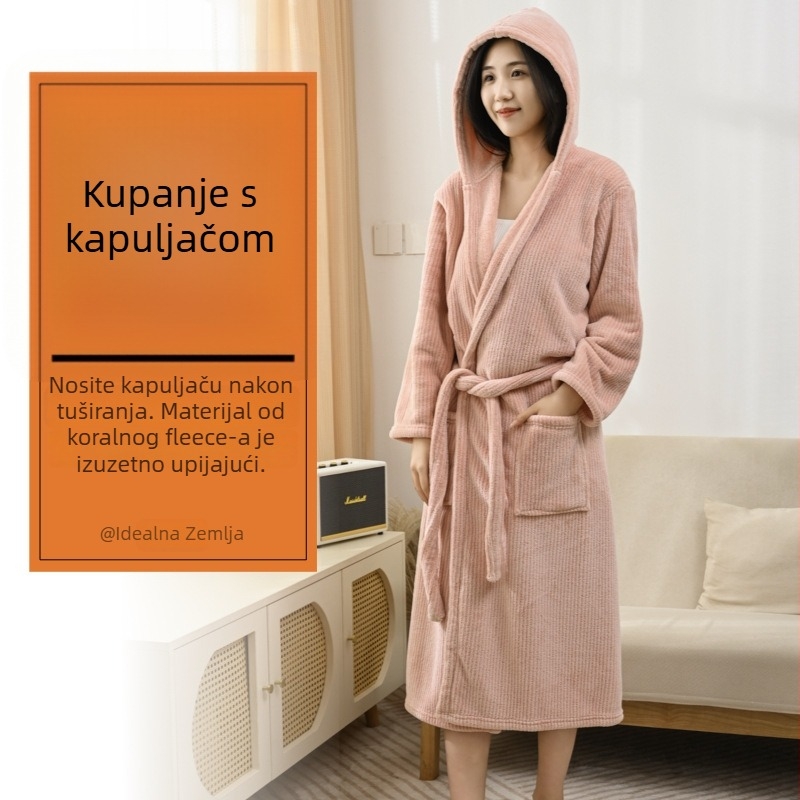 Prugasti kupaonski ogrtač s kapuljačom od koralnog velura, 85% poliestera, unisex, zima, za parove