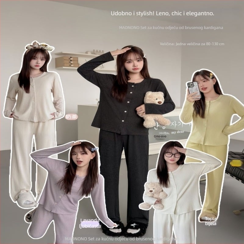 MAD NONO Ženski set pidžama s kardiganom – poliester, nježno brušena površina, dugi rukavi, okrugli izrez, pogodan za kućnu upotrebu i nošenje izvan kuće