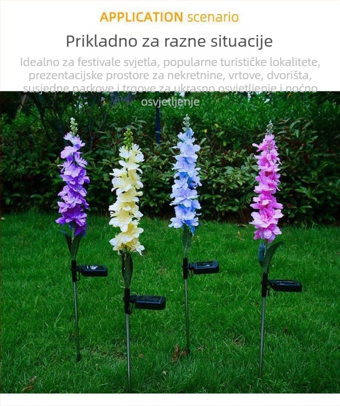 Vanjska vodootporna solarna rasvjeta u obliku biljke, model YD-007; materijal: nehrđajući čelik + PC cijev + ABS plastika; trajanje osvjetljenja: 6–12 sati