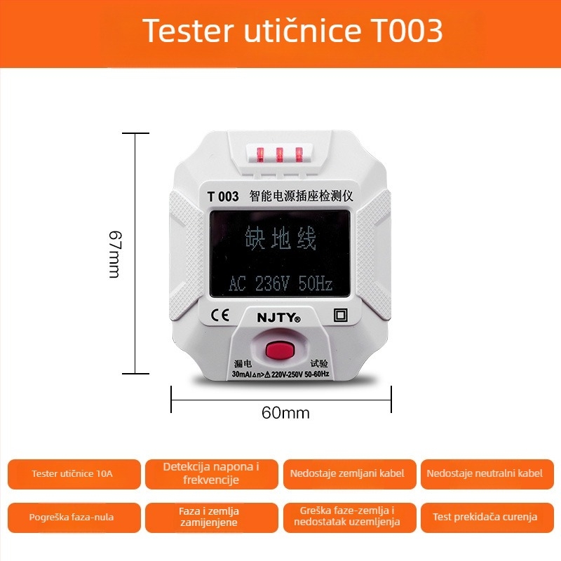 Fazni detektor i tester utičnice Kawashu LF-001 (Fazna detekcija; Tester utičnice; Polaritet; Curanje; Uzemljenje)