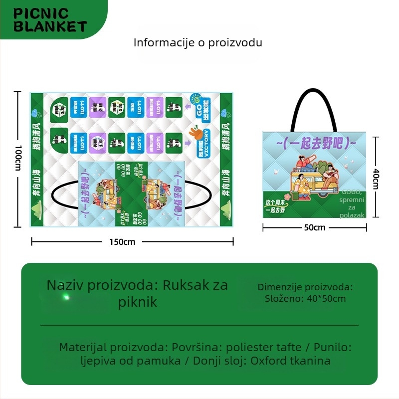 Piknik podmetač s protukliznim slojem i vodootpornim slojem, površina od Oxford platna i podstava od sprej-pokrivenog pamuka, težina 1000 g, sklopiva, prijenosna za kampiranje i piknik, za 1–2, 2–4 ili 4–6 osoba