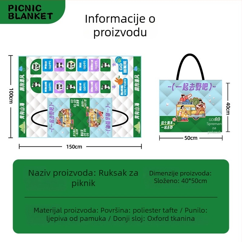 Piknik podmetač s protukliznim slojem i vodootpornim slojem, površina od Oxford platna i podstava od sprej-pokrivenog pamuka, težina 1000 g, sklopiva, prijenosna za kampiranje i piknik, za 1–2, 2–4 ili 4–6 osoba