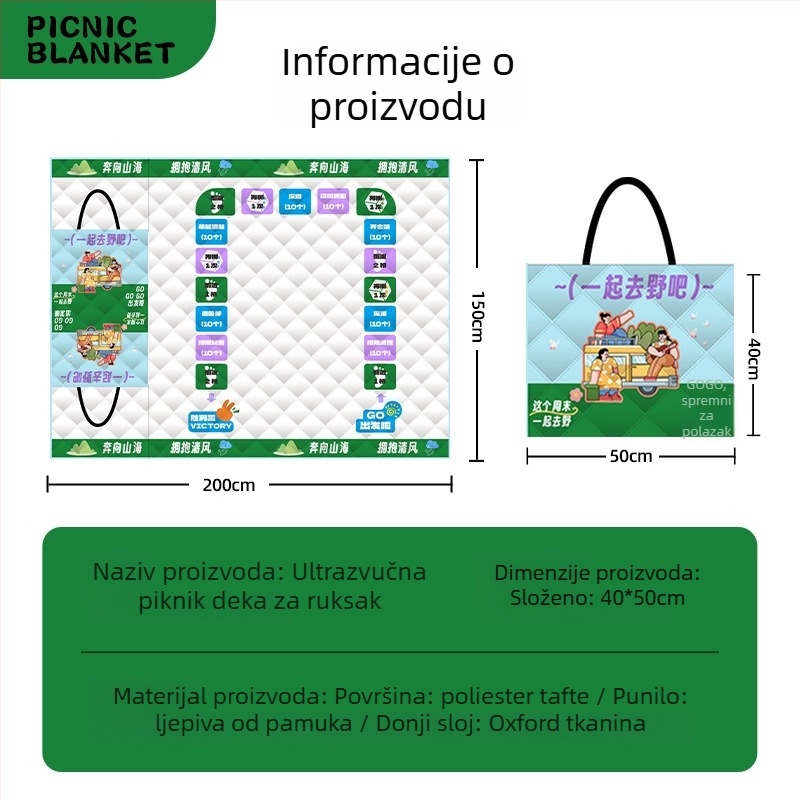 Piknik podmetač s protukliznim slojem i vodootpornim slojem, površina od Oxford platna i podstava od sprej-pokrivenog pamuka, težina 1000 g, sklopiva, prijenosna za kampiranje i piknik, za 1–2, 2–4 ili 4–6 osoba