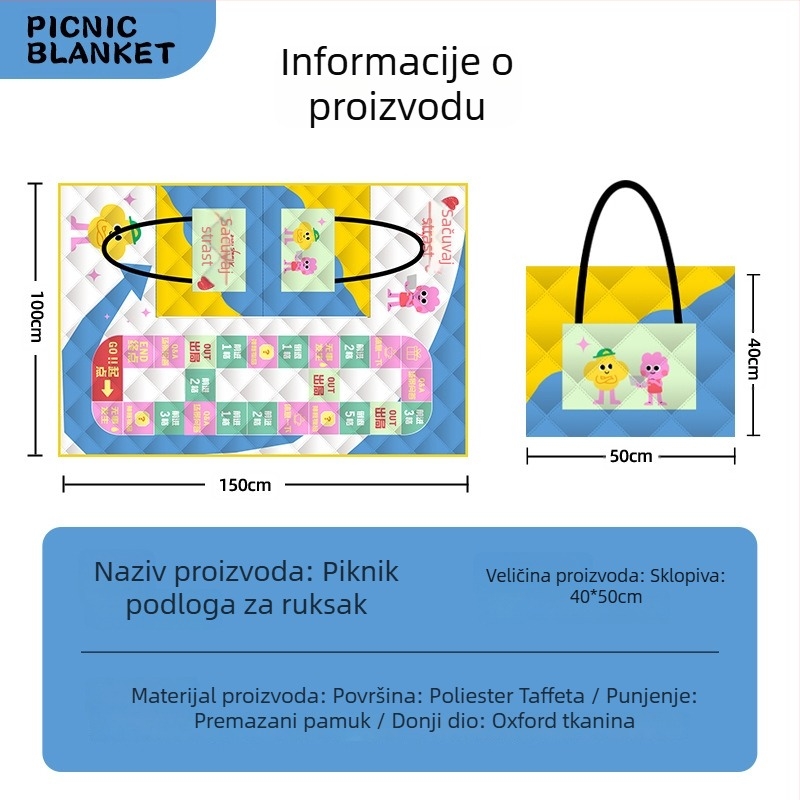 Piknik podmetač s protukliznim slojem i vodootpornim slojem, površina od Oxford platna i podstava od sprej-pokrivenog pamuka, težina 1000 g, sklopiva, prijenosna za kampiranje i piknik, za 1–2, 2–4 ili 4–6 osoba