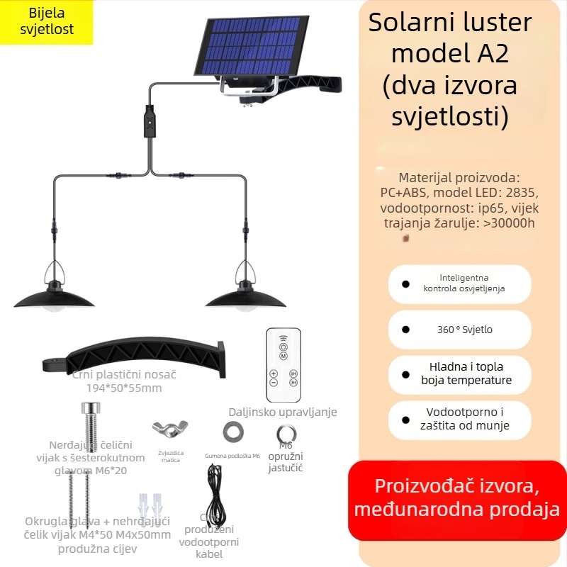 LED solarni luster za vanjsku rasvjetu, ukras vrtu, IP65, 15W, 6–12h radnog vremena, senzor svjetla, model A2