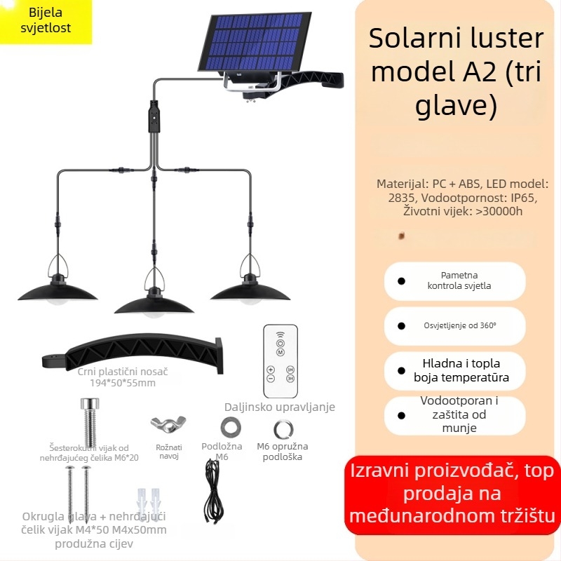 LED solarni luster za vanjsku rasvjetu, ukras vrtu, IP65, 15W, 6–12h radnog vremena, senzor svjetla, model A2