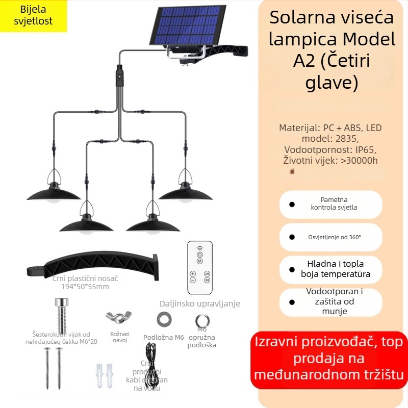 LED solarni luster za vanjsku rasvjetu, ukras vrtu, IP65, 15W, 6–12h radnog vremena, senzor svjetla, model A2