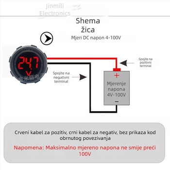 Vodootporni kružni voltmetar s LED zaslonom, DC 4–100V, dva vodiča, univerzalan za električna vozila, model JML30F-DV1
