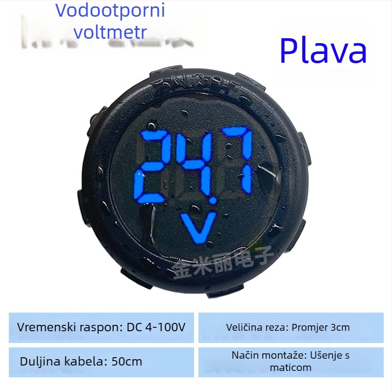 Vodootporni kružni voltmetar s LED zaslonom, DC 4–100V, dva vodiča, univerzalan za električna vozila, model JML30F-DV1
