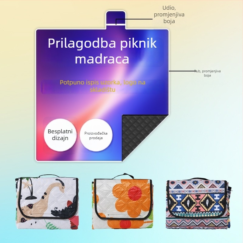 Ultrazvučna piknik podloga – protuklizna, otporna na vlagu, vodootporna tkanina; materijal: Chunya Spun Needle Cotton; težina: 0.66–0.87 kg; tkanina: PVEA vodootporna; model: Ultrasonic picnic mat; pogodno za 6–8 osoba