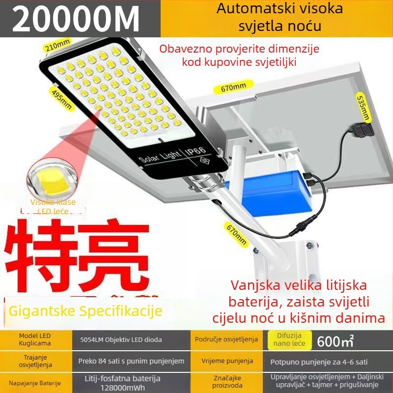 Solarni vanjski ulični svjetiljak s daljinskim upravljačem – LED 15W, IP65, trajanje 16–24h