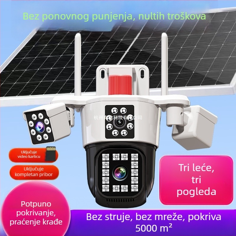 Solarna kamera s 360° pokrivenošću bez mrtvih uglova, daljinsko upravljanje pametnim telefonom, radi offline, vanjsko noćno gledanje, rezolucija 1080p/5MP/3MP