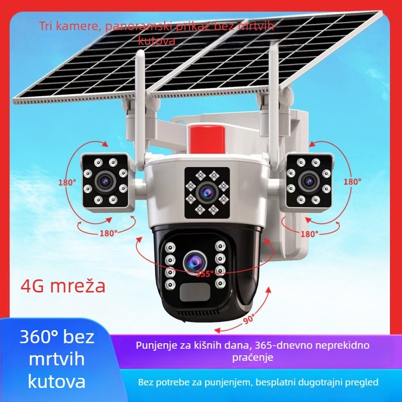 Solarna kamera s 360° pokrivenošću bez mrtvih uglova, daljinsko upravljanje pametnim telefonom, radi offline, vanjsko noćno gledanje, rezolucija 1080p/5MP/3MP