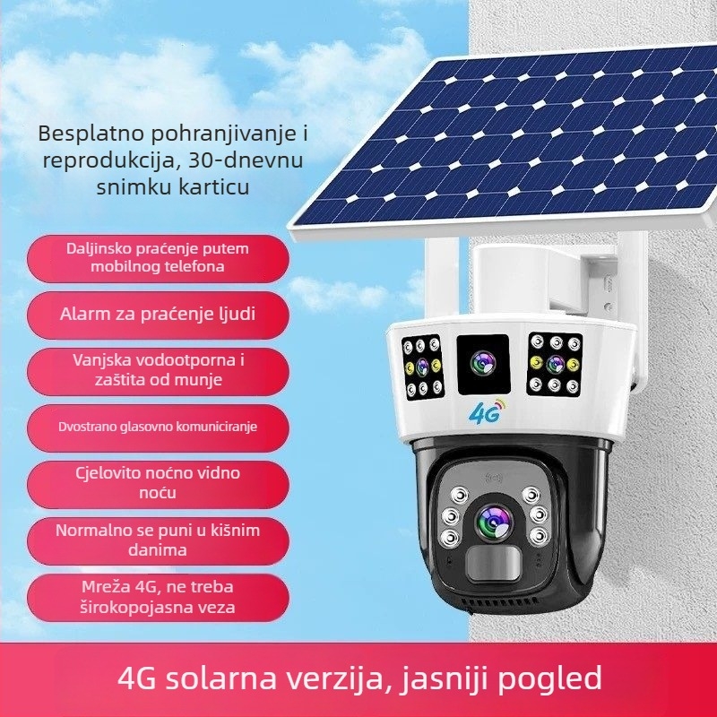 Solarna kamera s 360° pokrivenošću bez mrtvih uglova, daljinsko upravljanje pametnim telefonom, radi offline, vanjsko noćno gledanje, rezolucija 1080p/5MP/3MP