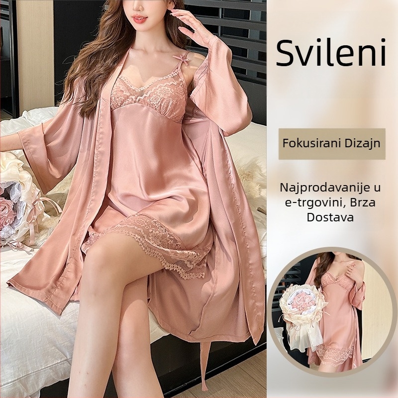 Pidžama od ledene svile s čipkom i naramenicama — dugačak rukav, dvodijelni set s jastučićima za grudima